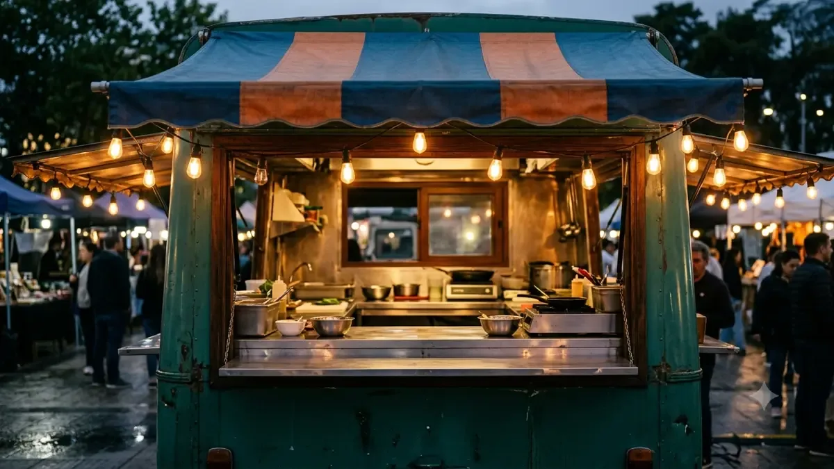 Ventana de atención de un camión de comida con toldo y luces cálidas