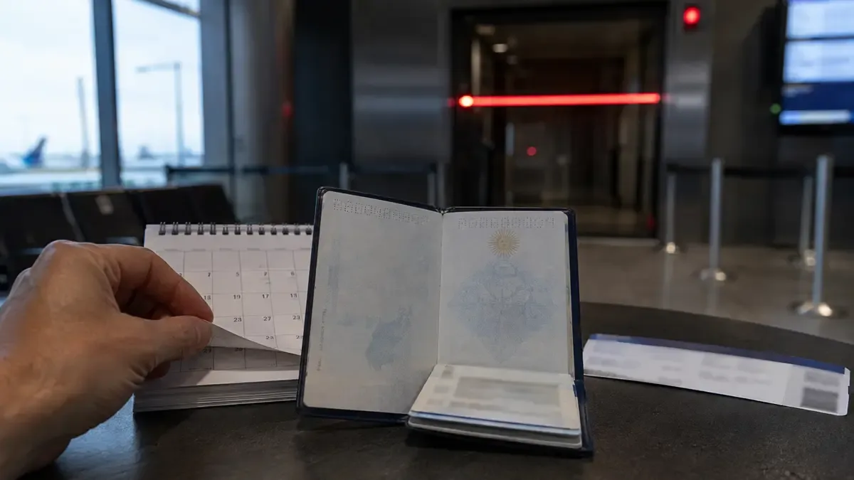 Pasaporte abierto junto a un calendario mientras una puerta de embarque se cierra al fondo