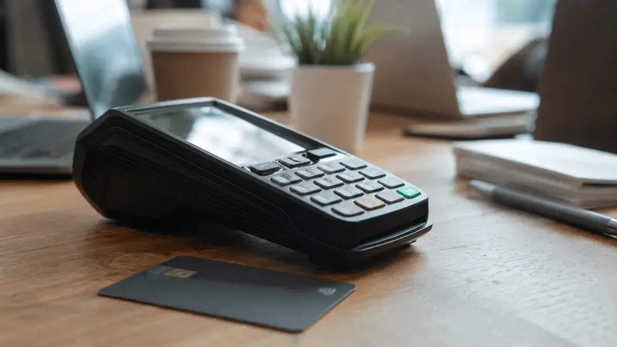 Un teclado de cajero y una tarjeta sin marca vistos de cerca en una mesa compartida de trabajo, vista en tres cuartos, profundidad de campo suave
