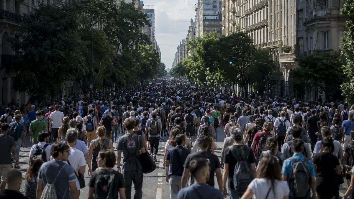 Multitud caminando por una avenida amplia, tomada desde atrás