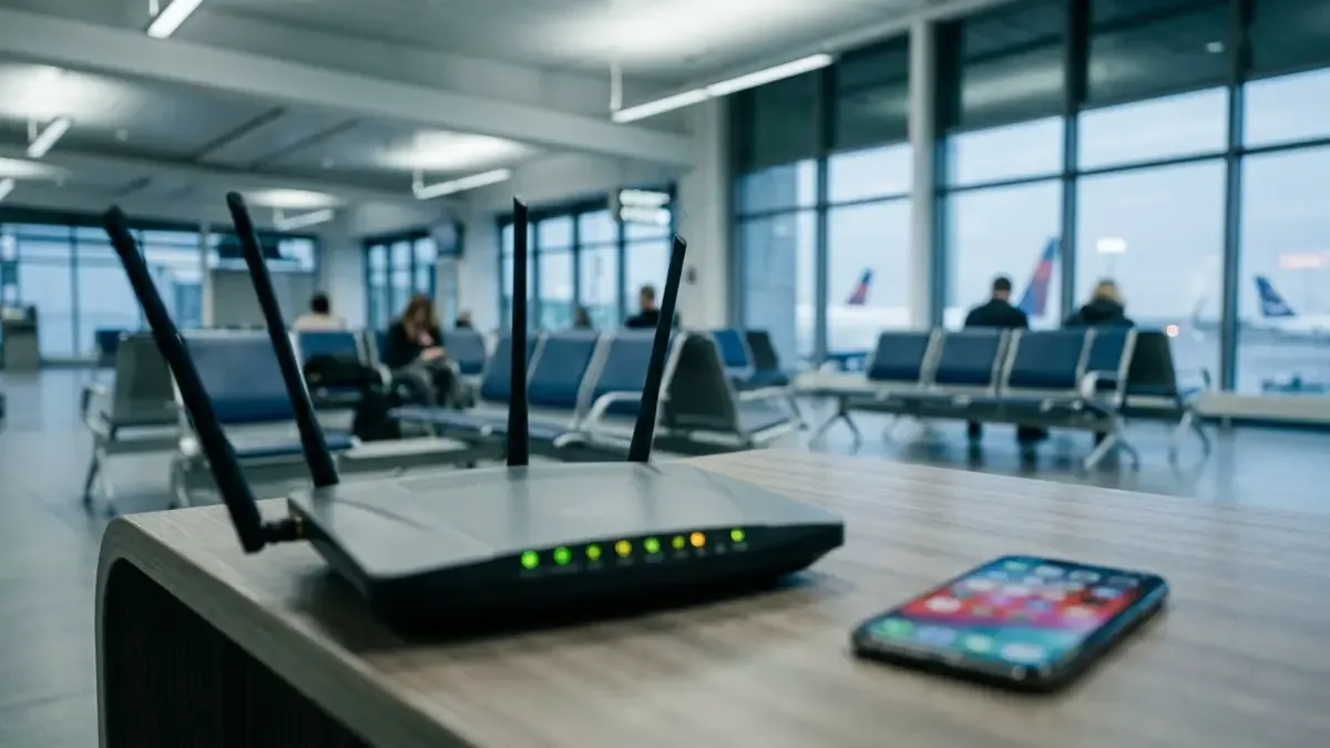 Router Wi-Fi genérico junto a un smartphone con pantalla desenfocada en una sala de aeropuerto