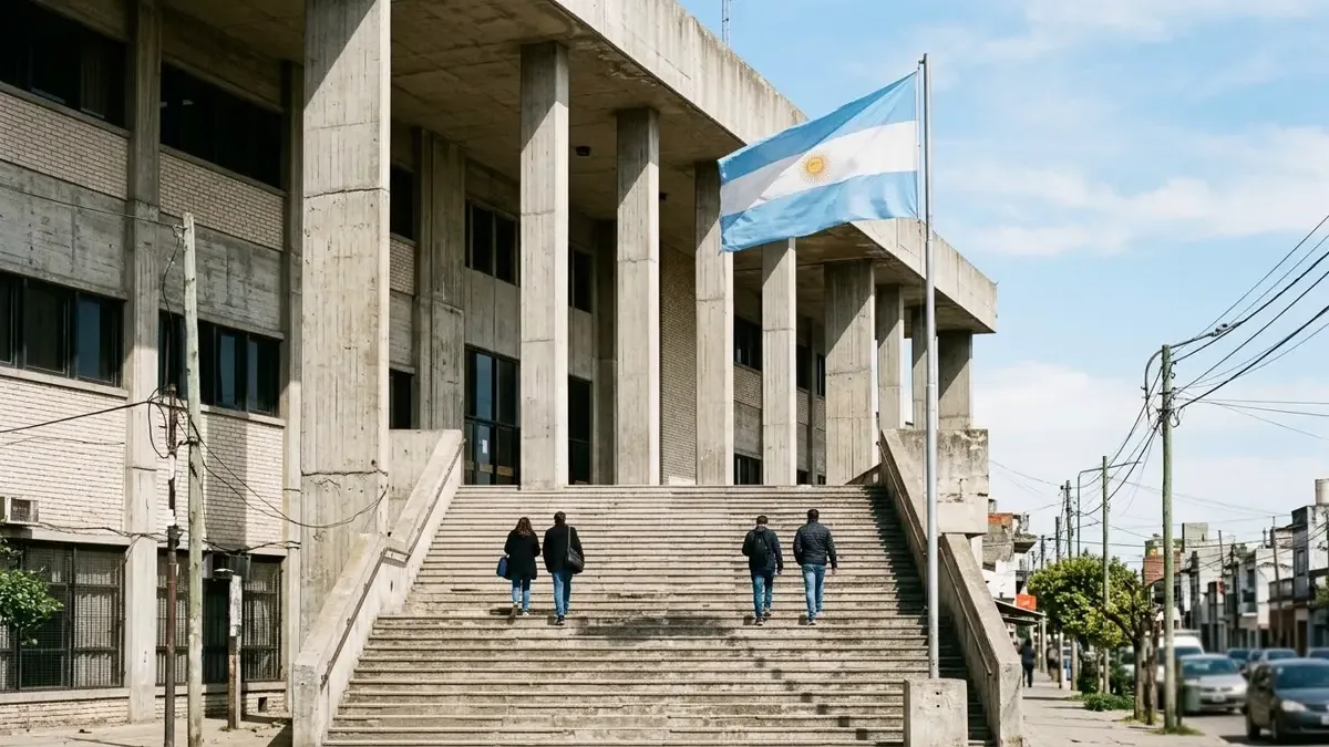 Fachada con escalinata de un edificio de tribunales genérico del conurbano.
