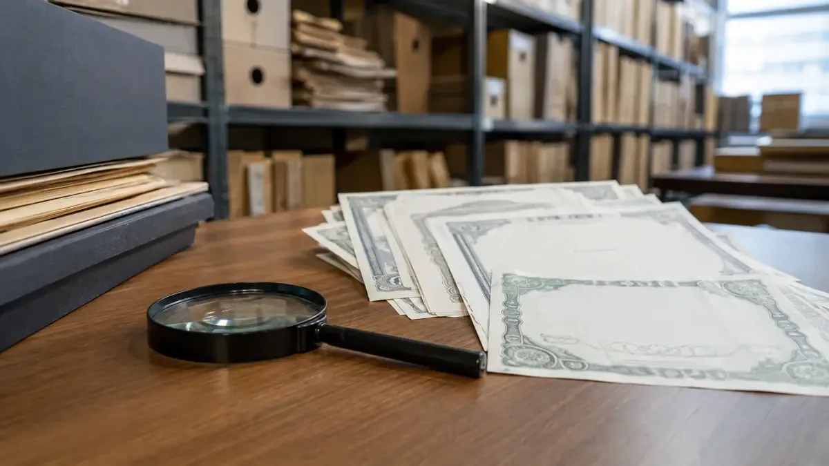 Certificados financieros genéricos sin texto junto a una lupa en un archivo administrativo con carpetas lisas, vista en tres cuartos, profundidad de campo suave