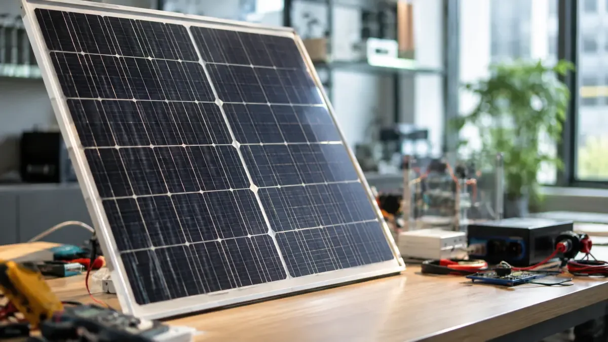 Paneles solares genéricos bajo luz natural en un espacio de trabajo digital, vista en tres cuartos, profundidad de campo