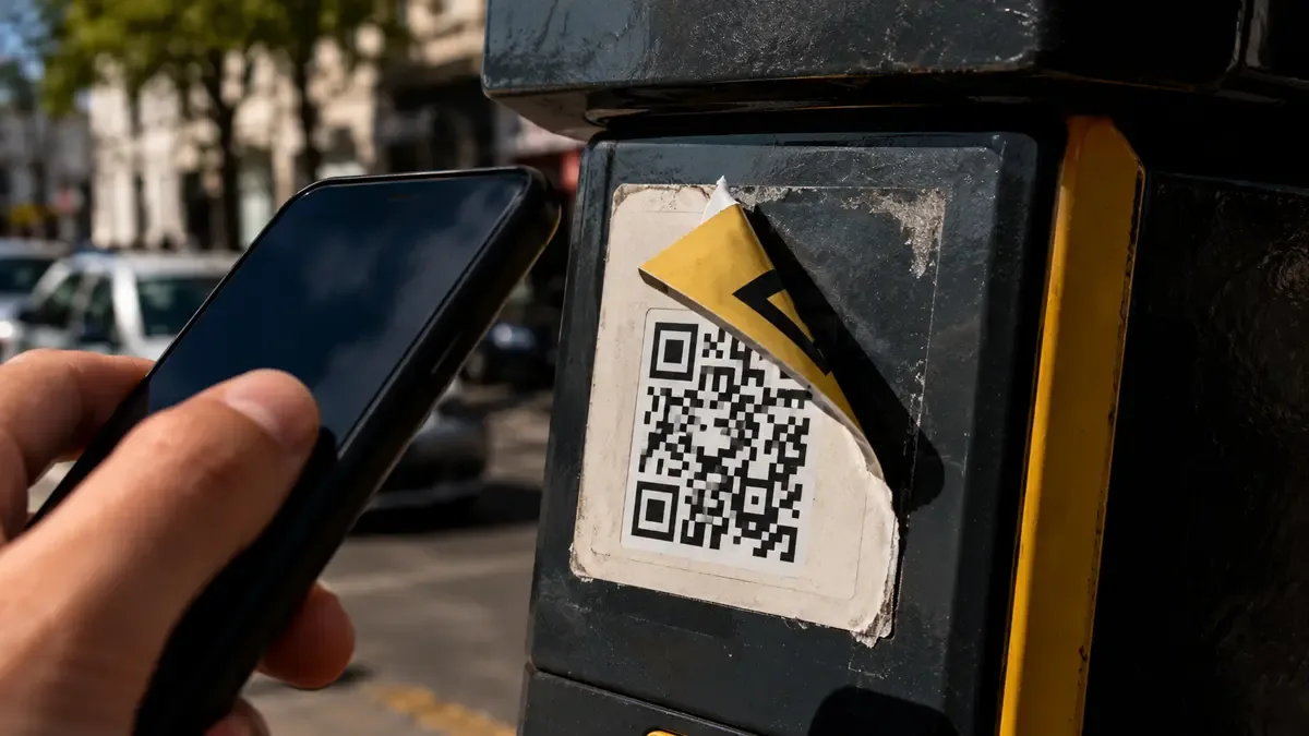 Etiqueta de QR parcialmente despegada sobre el código original mientras un celular se detiene antes de escanear