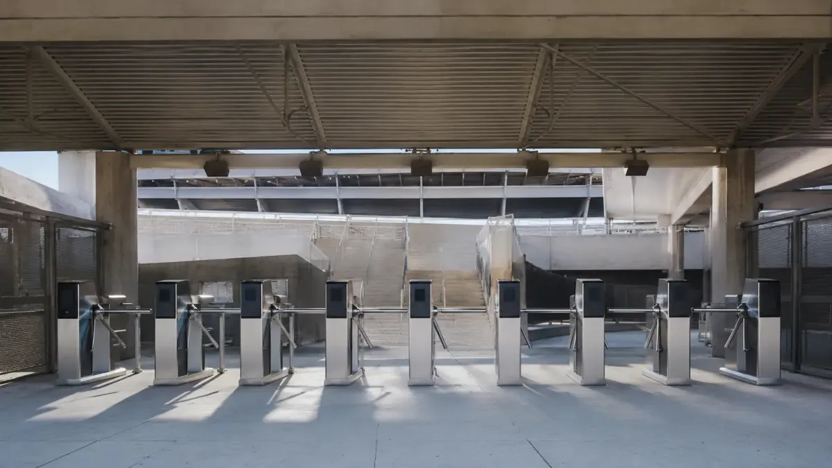 Molinetes de acceso a un estadio de fútbol sin gente