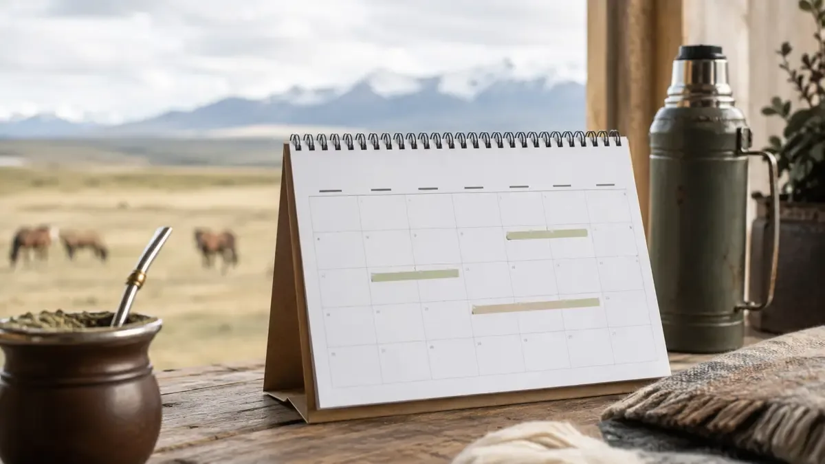 Calendario de escritorio sin fechas con algunos días marcados, junto a un mate y un termo
