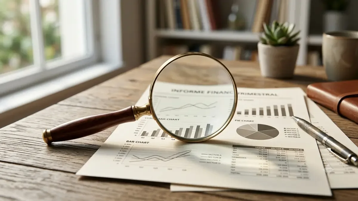 Lupa apoyada sobre un informe impreso con gráficos financieros