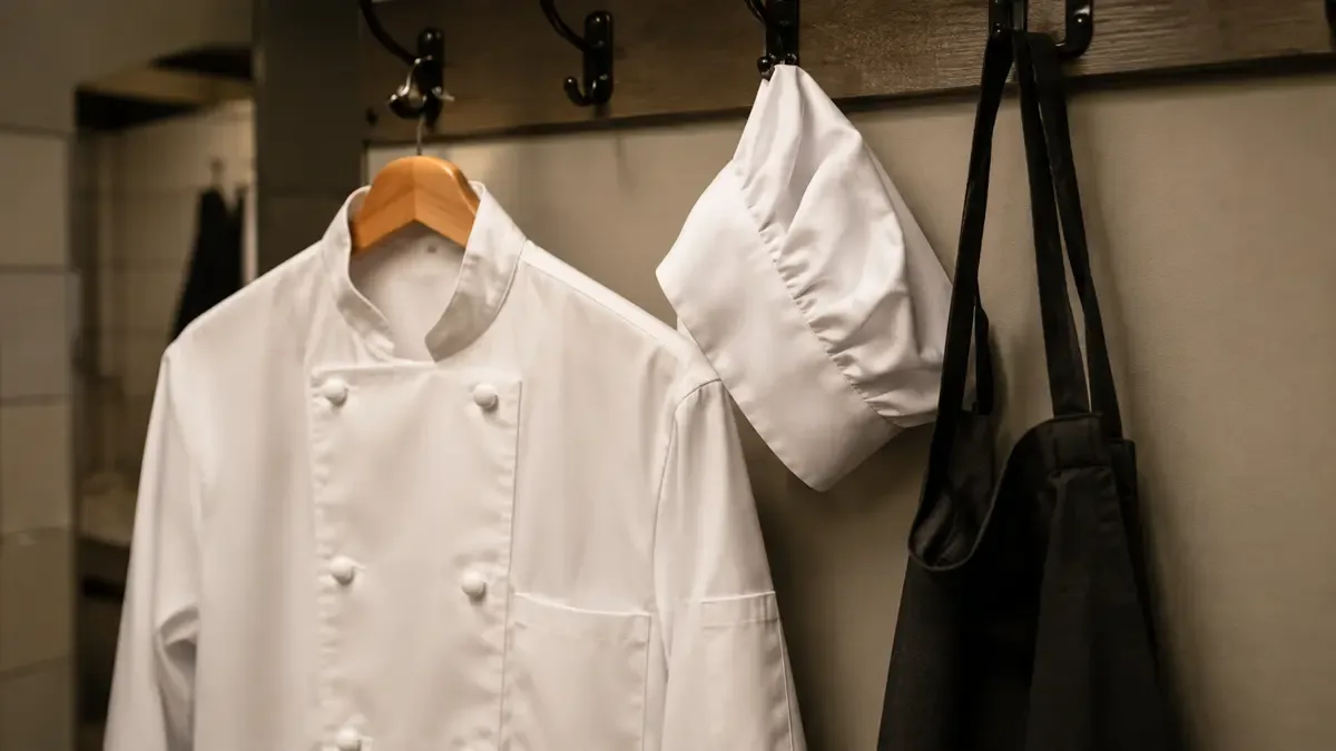 Chaqueta blanca de cocinero y gorro colgados de una percha