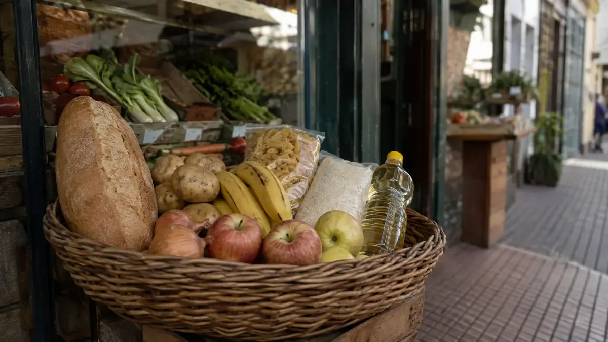 Una canasta con alimentos básicos sin envases de marca en una vidriera barrial sin carteles legibles, vista en tres cuartos, profundidad de campo suave
