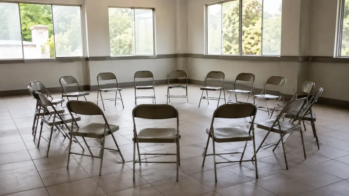 Sillas plegables dispuestas en circulo en un salon comunitario vacio