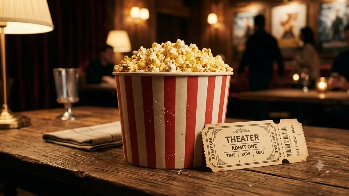 Balde de pochoclo y una entrada de cine sobre una mesa