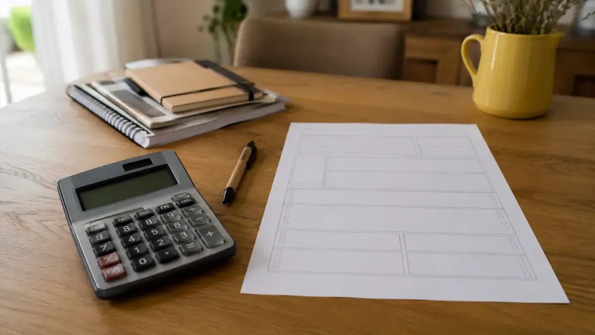 Un formulario fiscal en blanco con calculadora y lapicera en una mesa familiar de uso cotidiano, plano medio documental, perspectiva natural