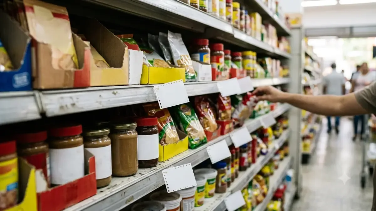 Etiquetas de precio en blanco junto a productos genéricos en una góndola de comercio sin marcas visibles, plano medio documental, perspectiva natural