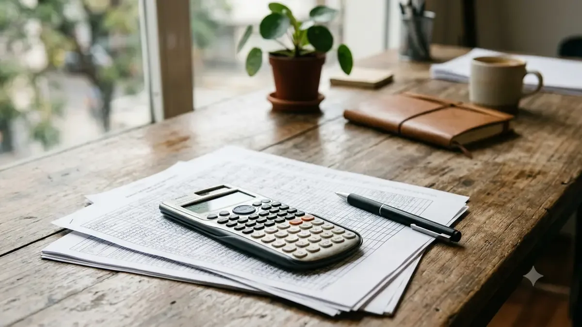 Documentos y calculadora sobre una mesa de trabajo