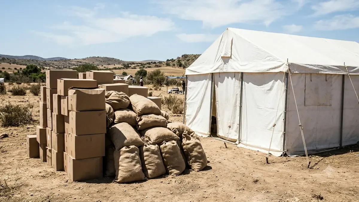 Pila de cajas de cartón y bolsas junto a una carpa blanca
