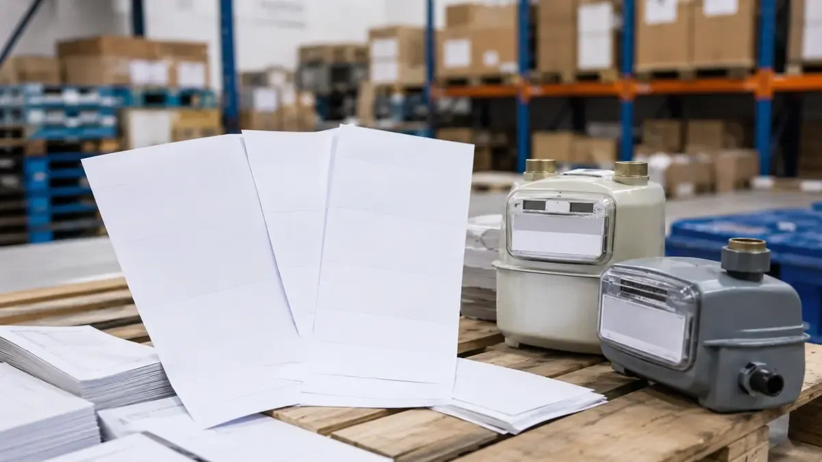 Boletas de servicios sin texto junto a medidores domésticos en un depósito logístico ordenado, plano medio documental, perspectiva natural