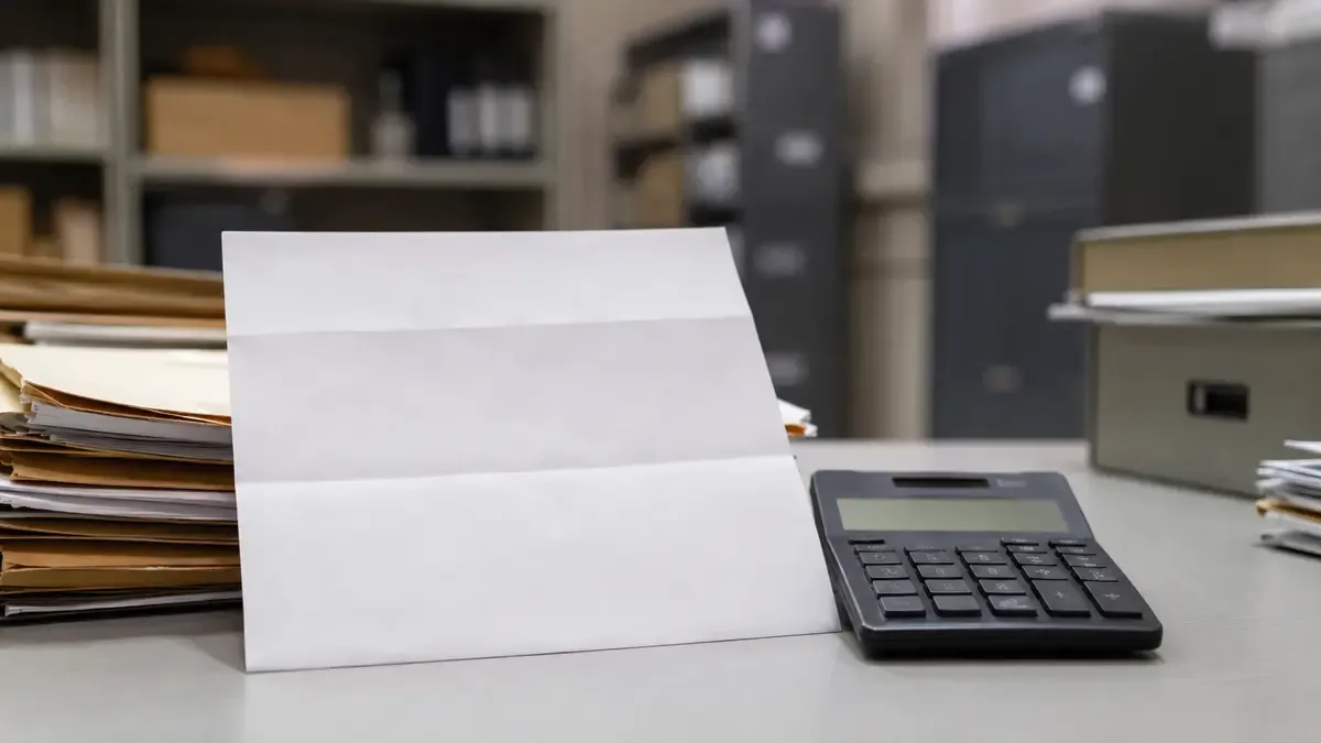 Un recibo salarial completamente en blanco junto a una calculadora en un archivo administrativo con carpetas lisas, vista en tres cuartos, profundidad de campo suave