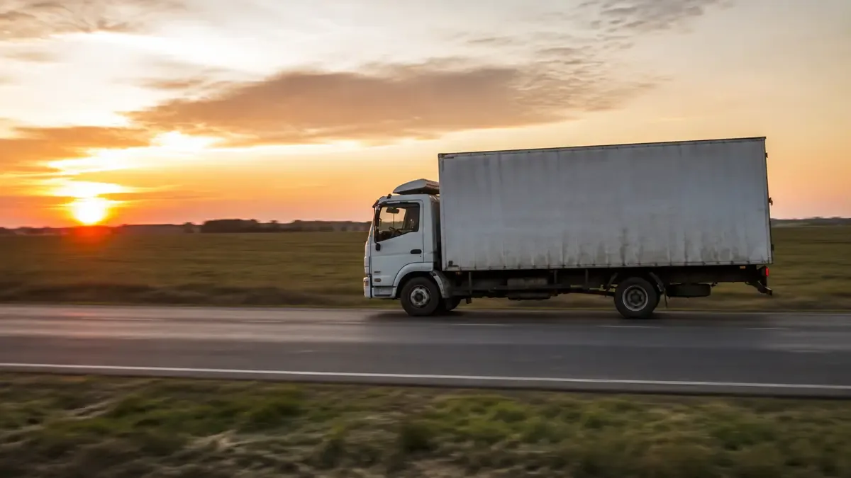 Camion circulando por una ruta recta con campo a ambos lados al atardecer