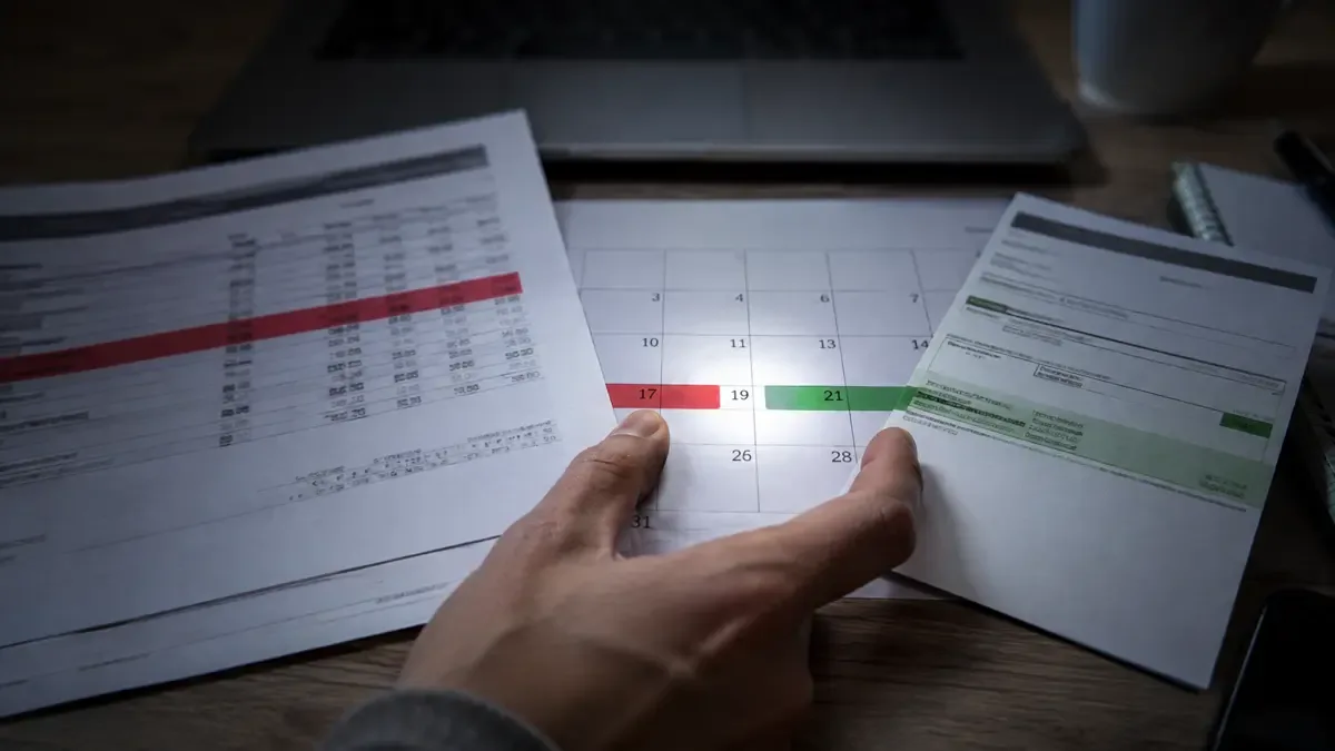 Informe de deudas y recibo de cancelación alineados por una mano sobre un calendario