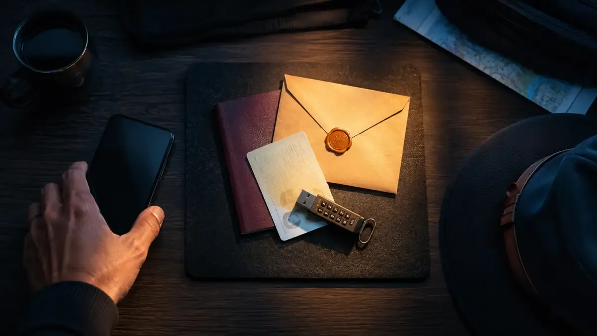 Documentos parcialmente cubiertos junto a una memoria segura mientras una mano aparta el celular
