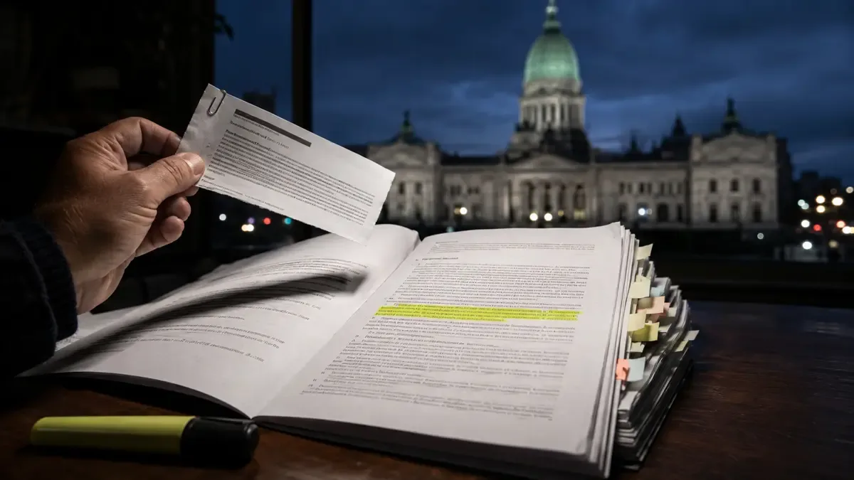 Mano comparando una página recortada con el expediente legislativo completo y el Congreso al fondo