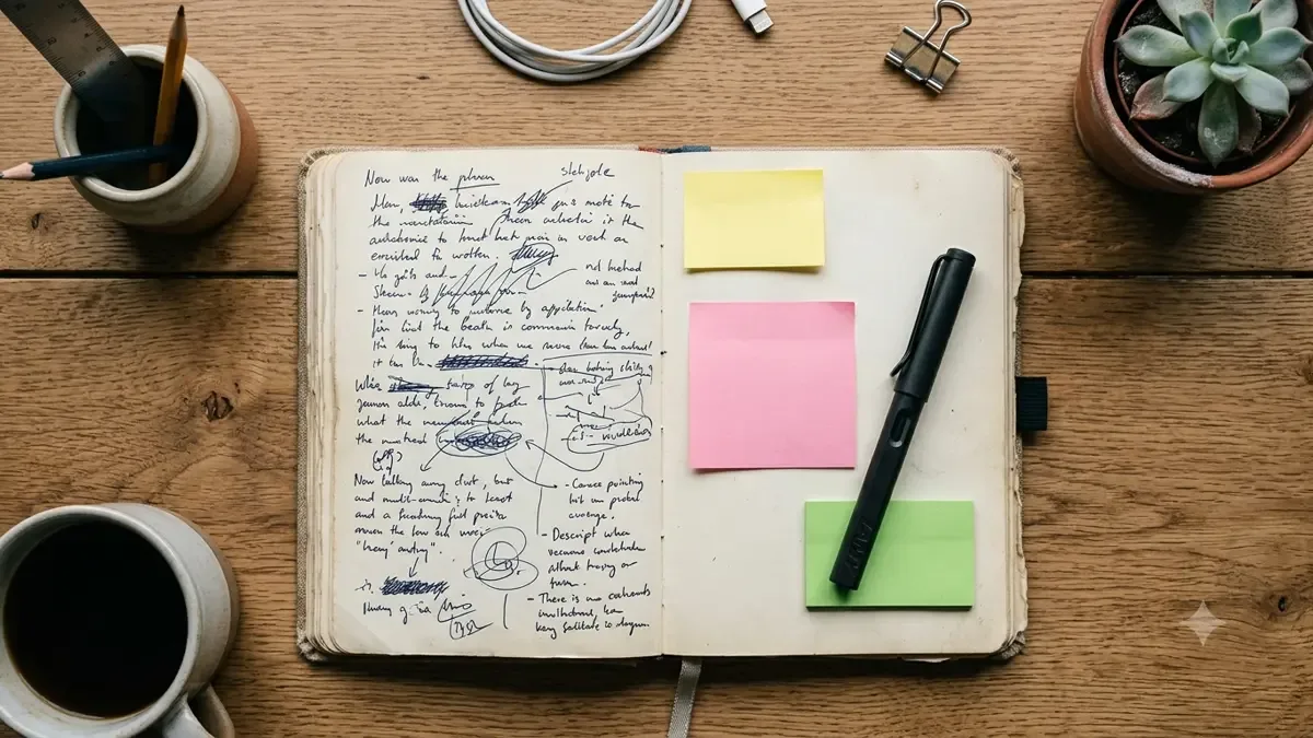 Cuaderno abierto con notas adhesivas de colores sobre un escritorio
