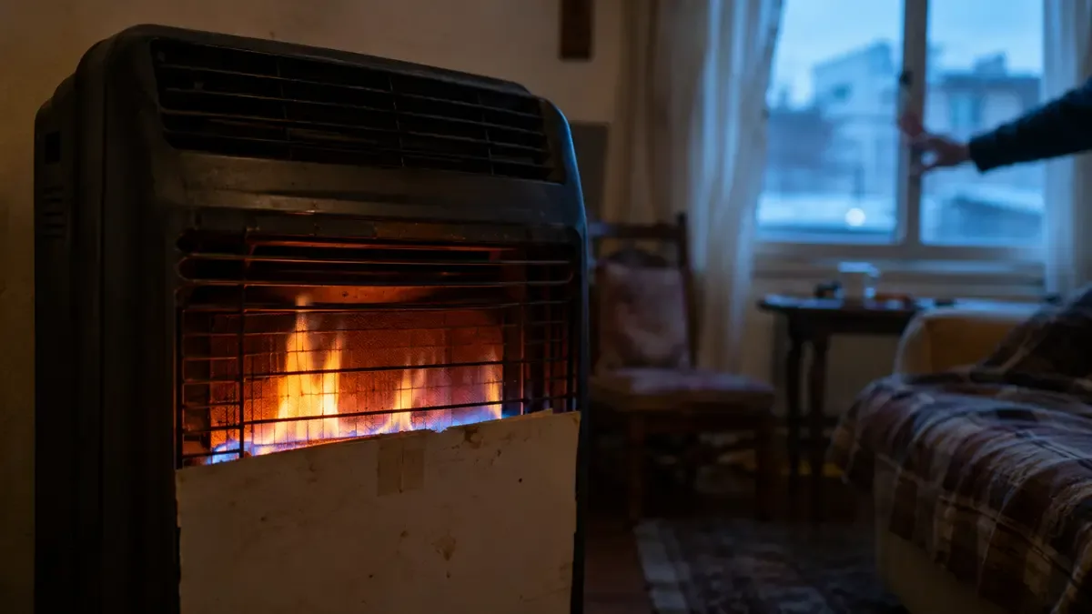 Calefactor encendido junto a una rejilla obstruida mientras una mano abre la ventana del ambiente