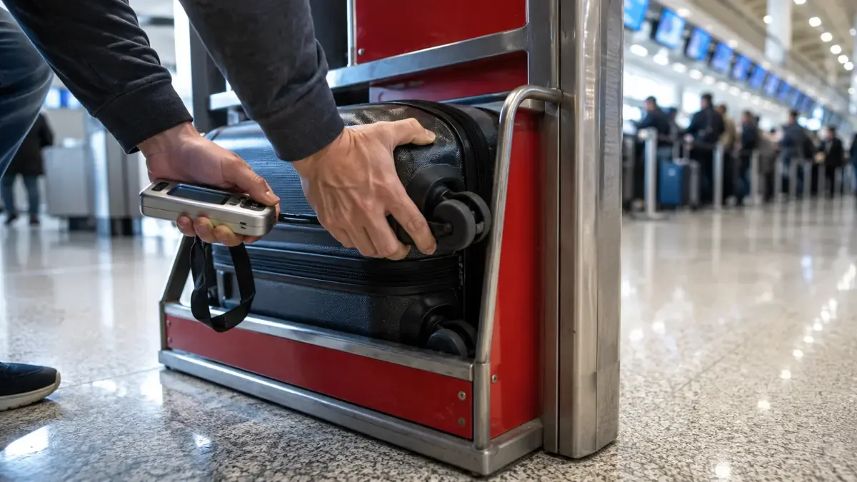 Valija de cabina trabada por las ruedas en el medidor mientras una mano sostiene una balanza portátil