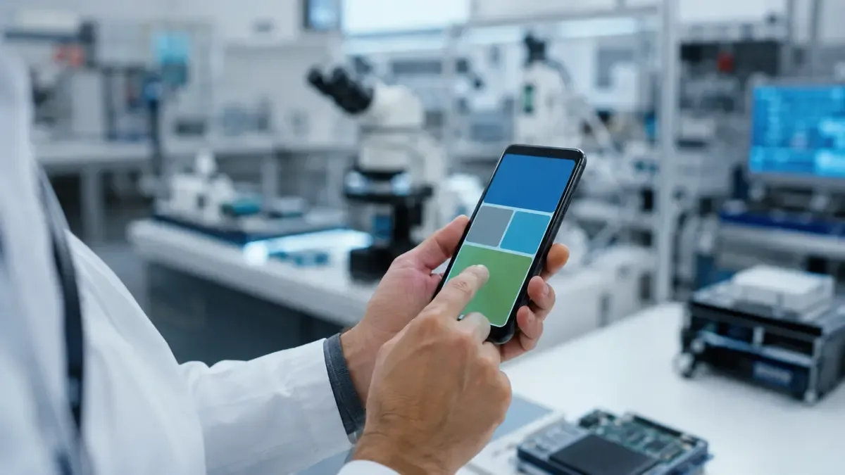 Manos usando un teléfono con interfaz de bloques de color en un laboratorio tecnológico limpio, vista en tres cuartos, profundidad de campo suave