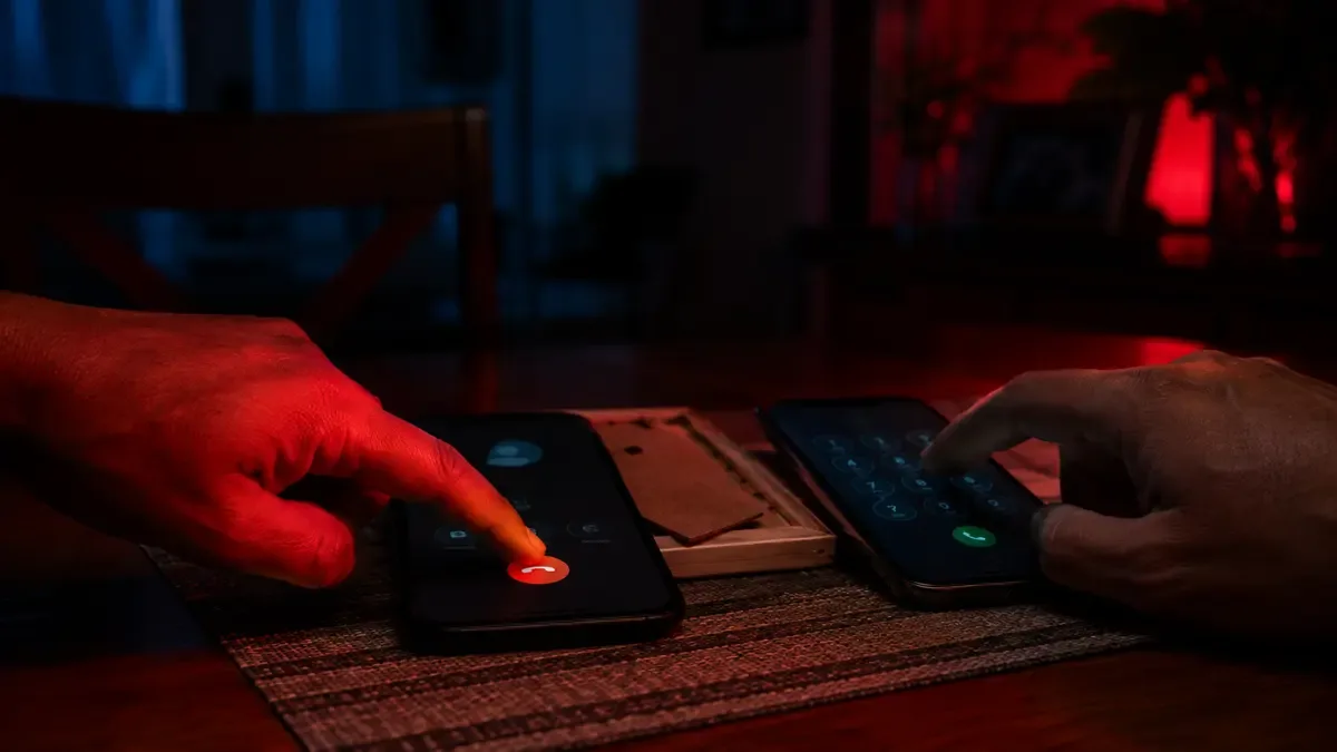 Una mano corta una llamada urgente mientras otra verifica al familiar desde un segundo teléfono