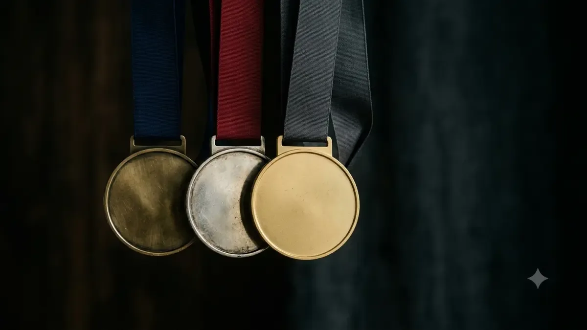 Tres medallas metálicas colgando de cintas lisas sobre fondo oscuro