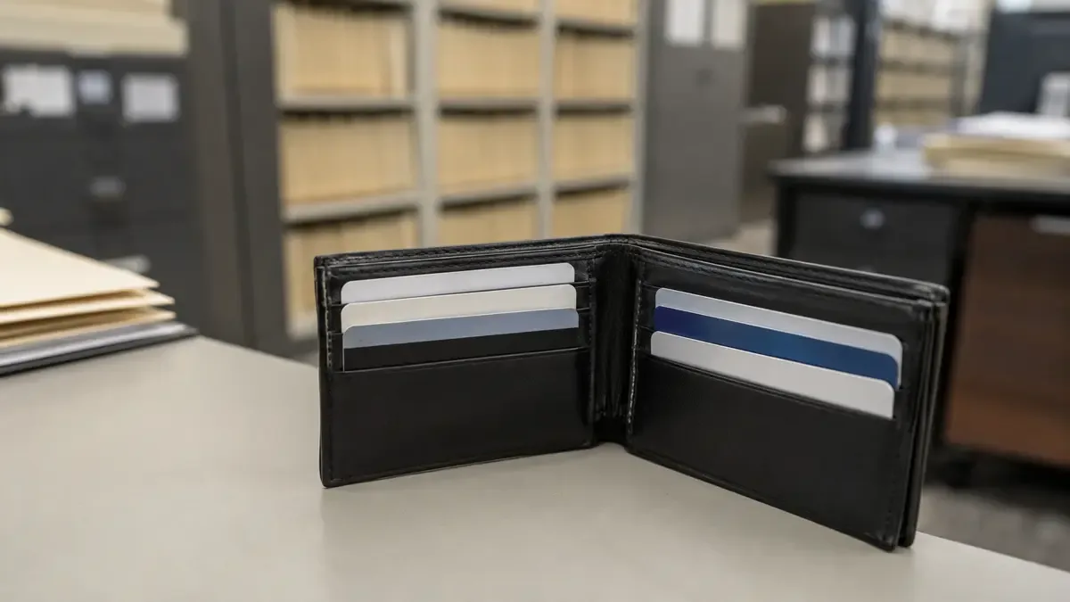 Una billetera abierta con tarjetas completamente genéricas en un archivo administrativo con carpetas lisas, vista en tres cuartos, profundidad de campo suave