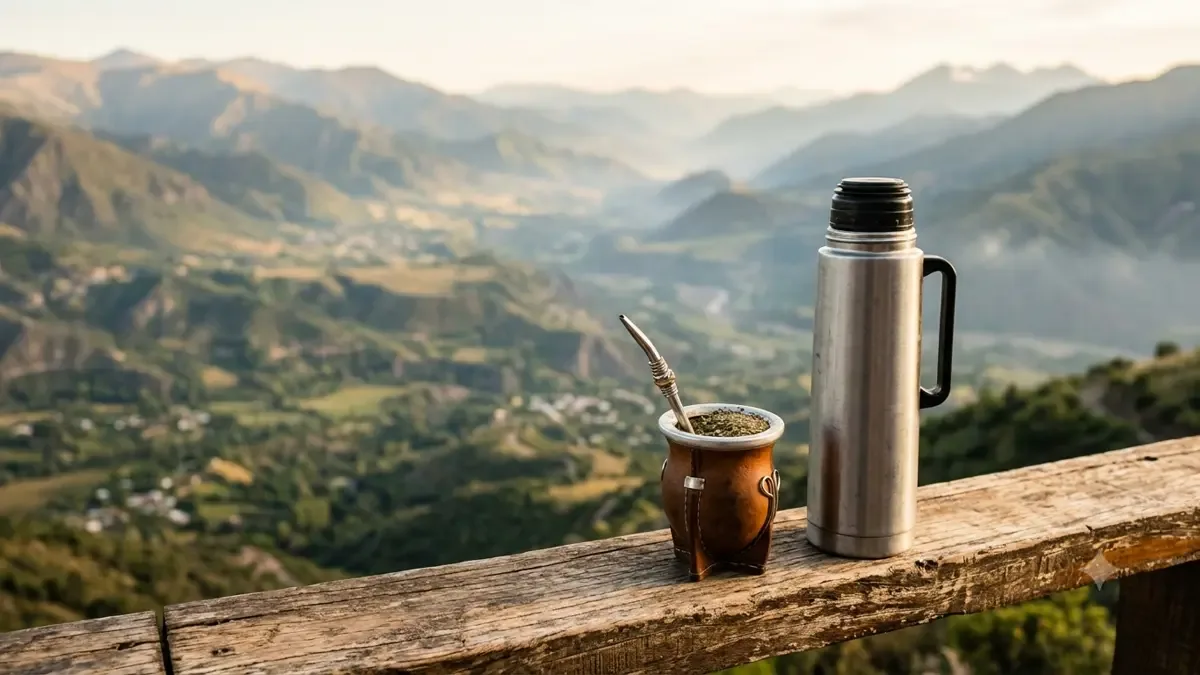 Mate y termo apoyados sobre una baranda de madera frente a un valle