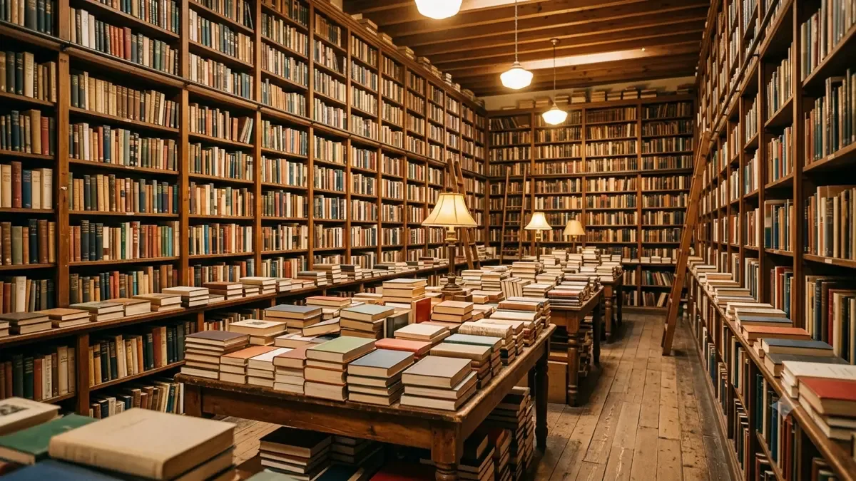 Librería con estanterías altas y mesas con pilas de libros