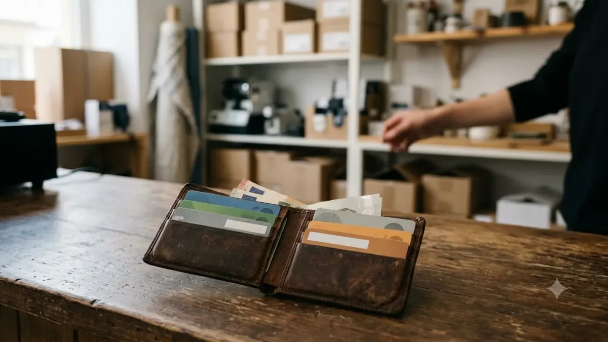Una billetera abierta con tarjetas completamente genéricas en la trastienda ordenada de un comercio, vista en tres cuartos