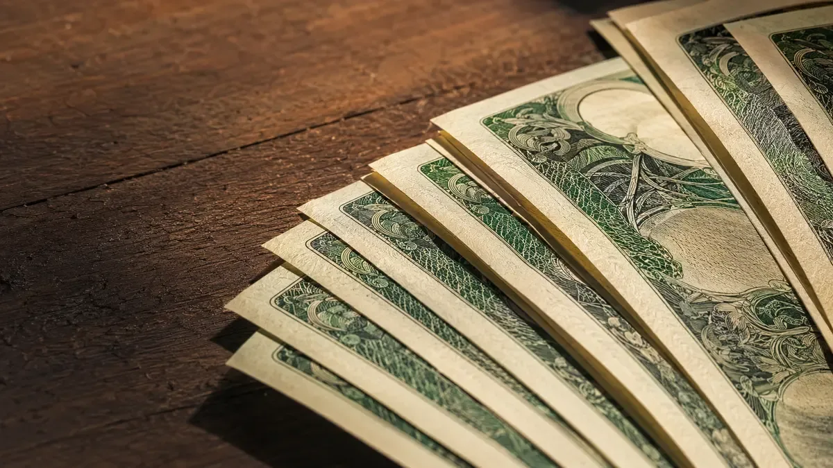 Billetes verdes abiertos en abanico sobre una mesa de madera