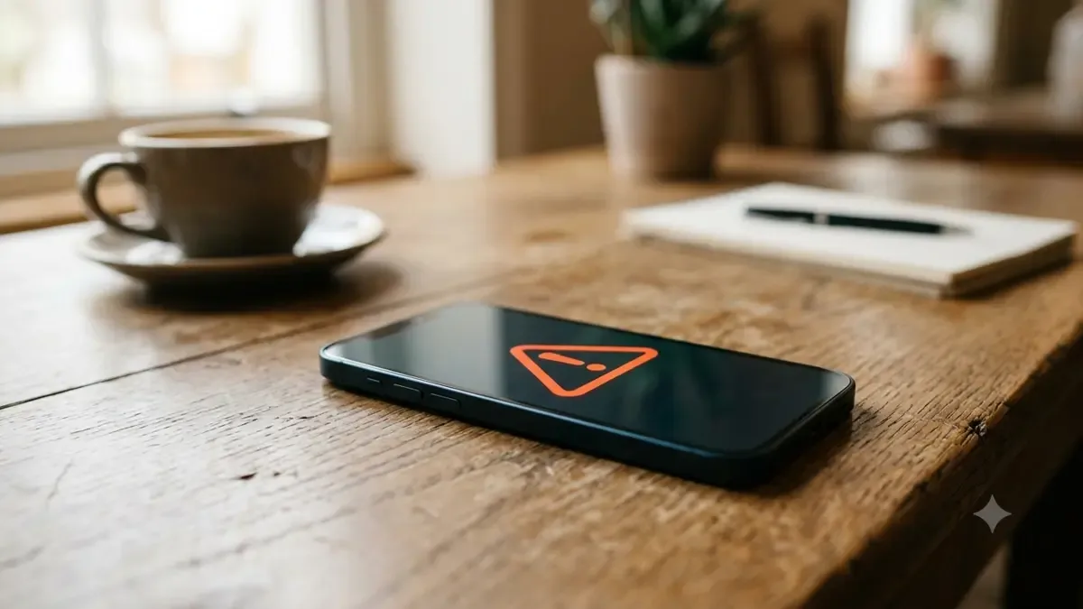 Celular sobre una mesa con un ícono de alerta genérico en pantalla