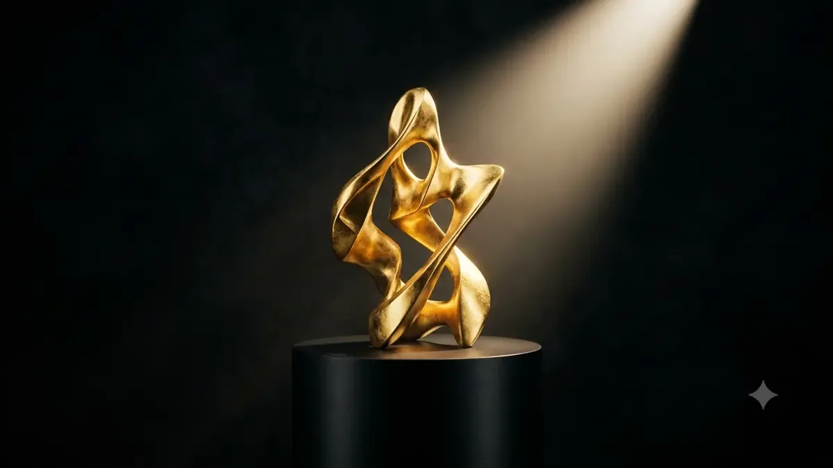 Estatuilla dorada de forma abstracta sobre un pedestal negro