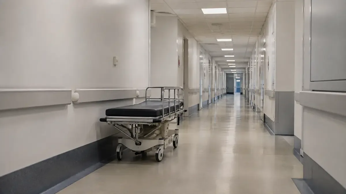 Pasillo de hospital con una camilla vacia contra la pared y luces de techo