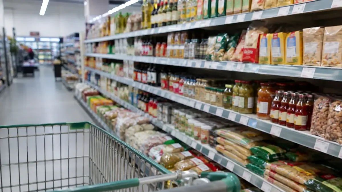 Gondola de supermercado con productos sin marca y un carrito metalico en primer plano