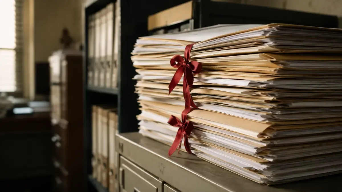 Pila de expedientes de papel atados con cinta roja