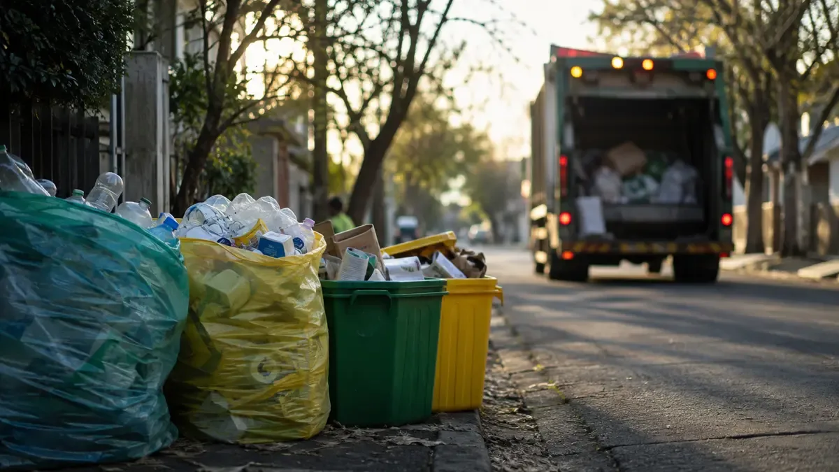 Bolsones de residuos reciclables en la vereda junto a un camión recolector