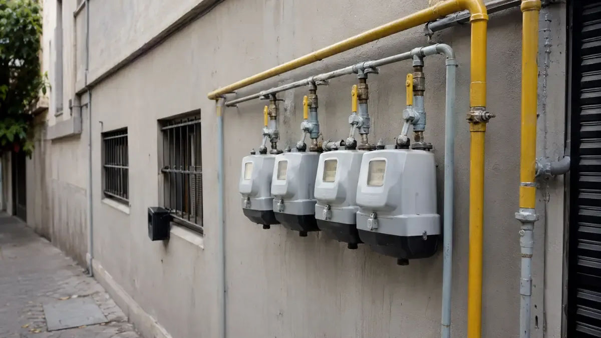 Bateria de medidores de gas con canerias sobre la pared exterior de un edificio