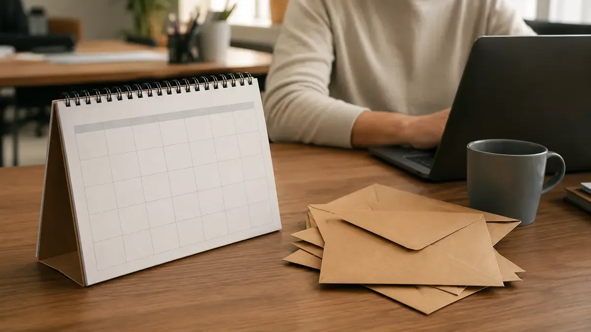 Un calendario sin números junto a sobres cerrados en una mesa compartida de trabajo, vista en tres cuartos, profundidad de campo suave
