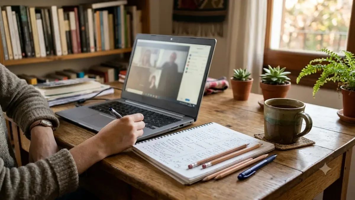 Apuntes, lápices y una taza junto a una notebook en un rincón doméstico de estudio online, vista en tres cuartos, profundidad de campo suave