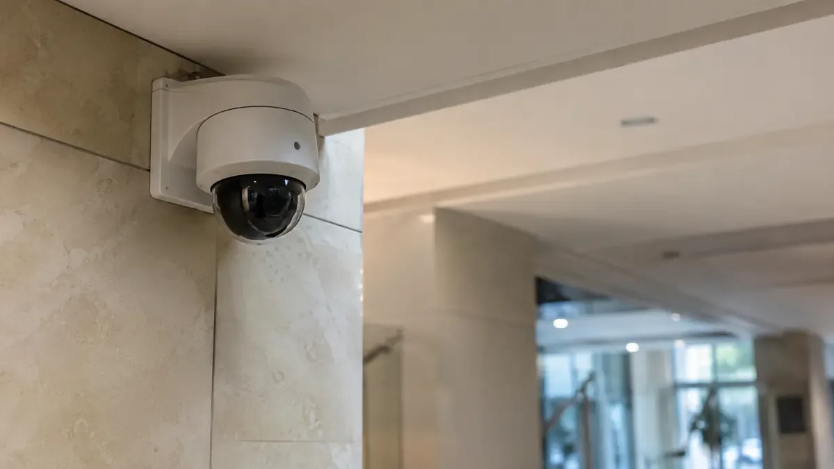 Una cámara de vigilancia genérica en una esquina en un hall institucional de arquitectura genérica, vista en tres cuartos, profundidad de campo suave