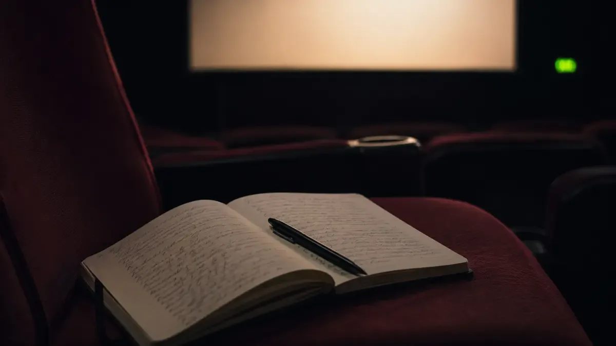 Cuaderno y lapicera sobre la butaca de una sala de cine vacía