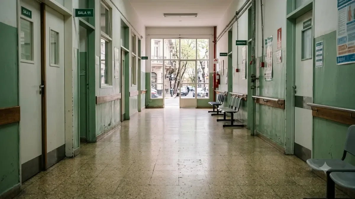 Un pasillo hospitalario limpio y vacío en una calle urbana argentina, vista en tres cuartos, profundidad de campo suave