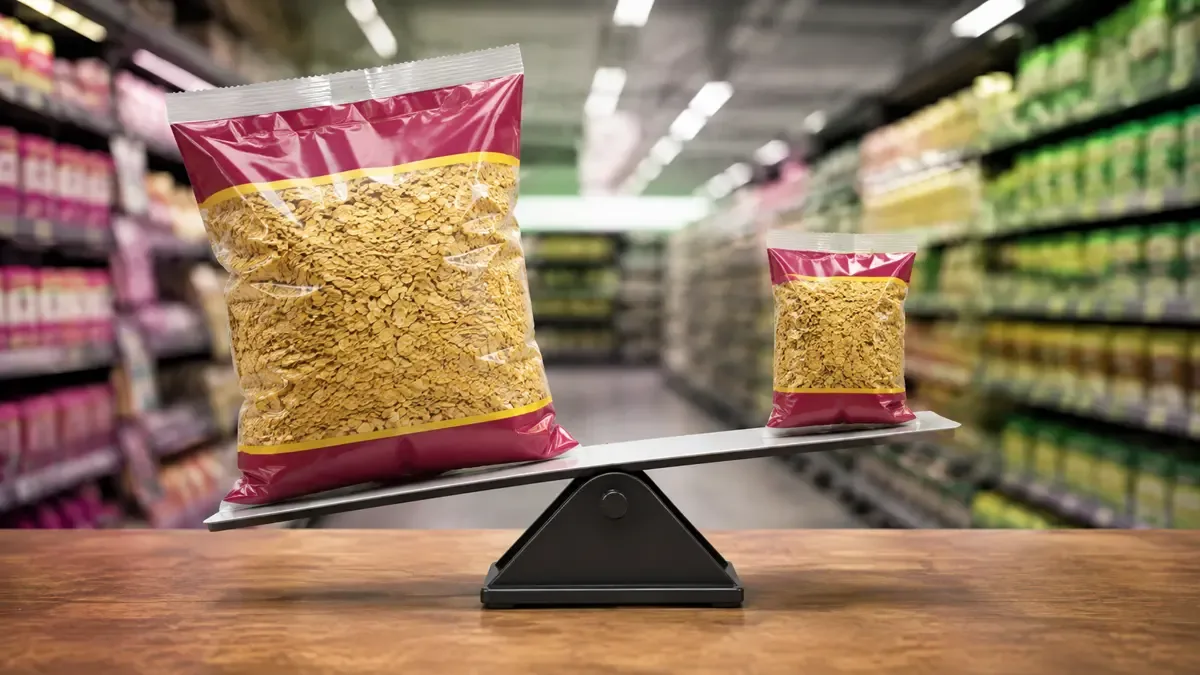 Dos envases de distinto tamaño sobre una balanza mientras una calculadora compara su precio por unidad